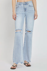 RISEN Women's High Rise Distressed Wide Leg Jeans with Raw Hem - Trendy & Comfortable Denim